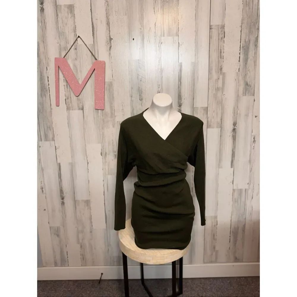Love Always Olive Green Wrap Mini Dress Size MED Long Sleeve Bodycon Tie Waist V
